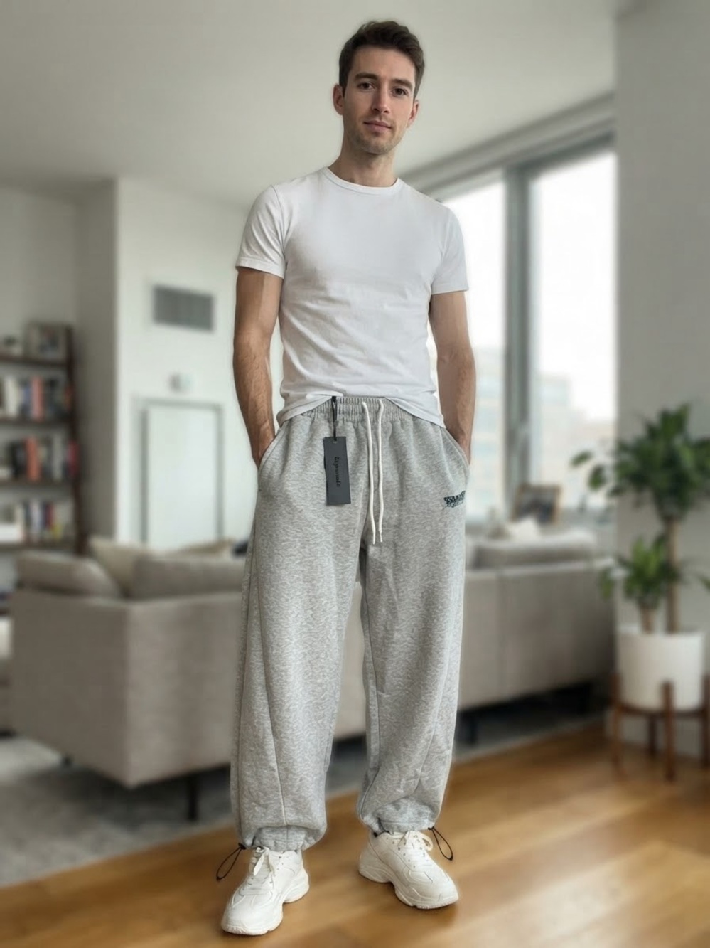 Men's Light Gray Fleece Joggers with Drawstring Waist